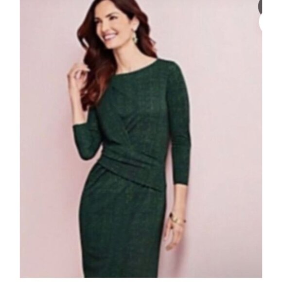 Talbots Faux Wrap Sheath Green Dress Draped Pleated Ruched 3/4 Sleeves Stretch M - Picture 1 of 16